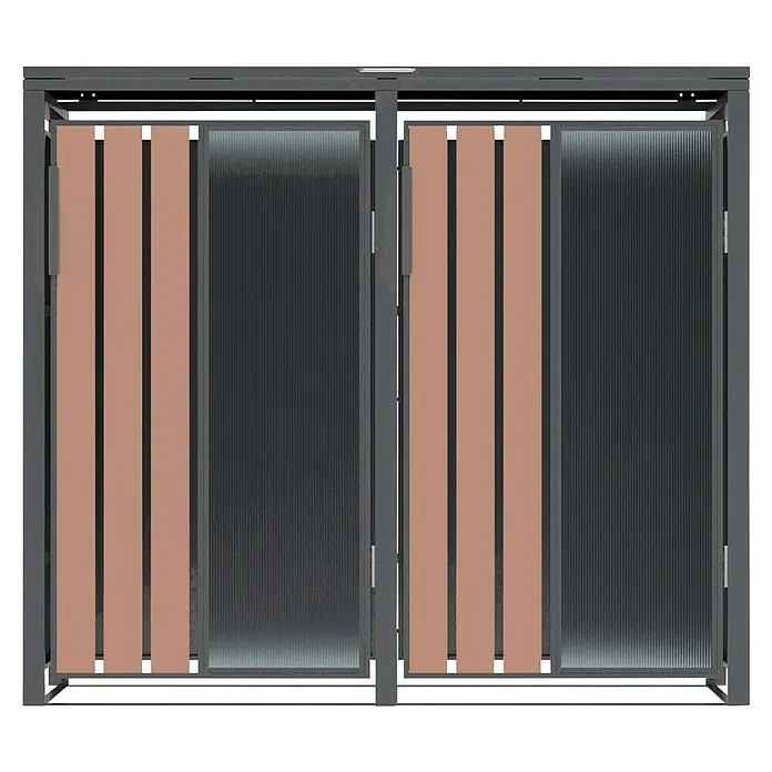 Westmann Mülltonnenbox Status 2 - Geeignet für Anzahl Mülltonnen: 2 Stk., Stahl, Acryl, Anthrazit - Modernes Doppeltor mit dunkelgrauem Metallrahmen, hellbraunen Holzlatten und strukturierten transluzenten Paneelen.