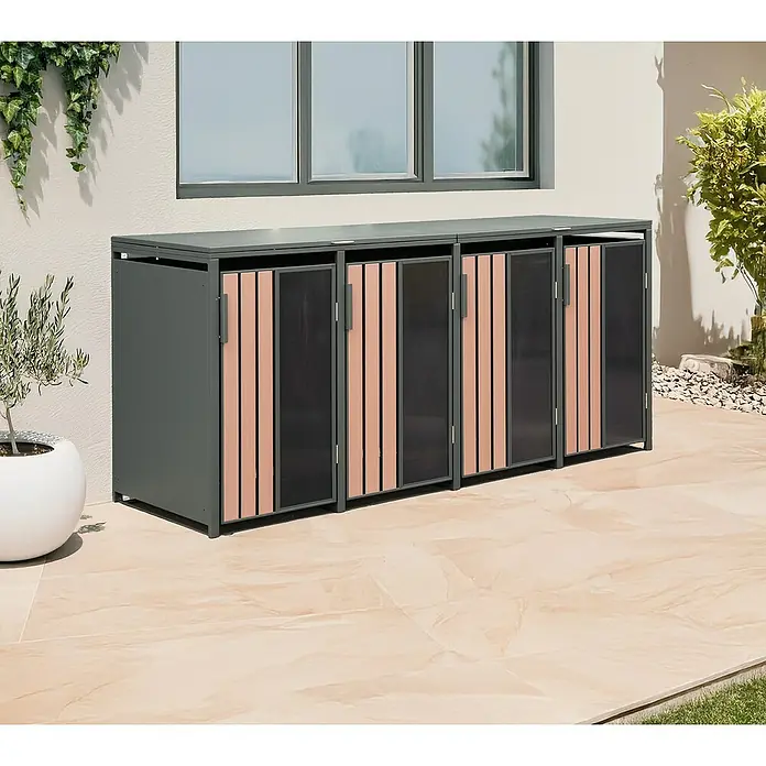 Westmann Mülltonnenbox Status 4 - Geeignet für Anzahl Mülltonnen: 4 Stk., Stahl, Acryl, Anthrazit - Dreiteilige graue Outdoor-Aufbewahrungseinheit mit Holzlamellen und dunklen transparenten Paneelen auf einer Terrasse.