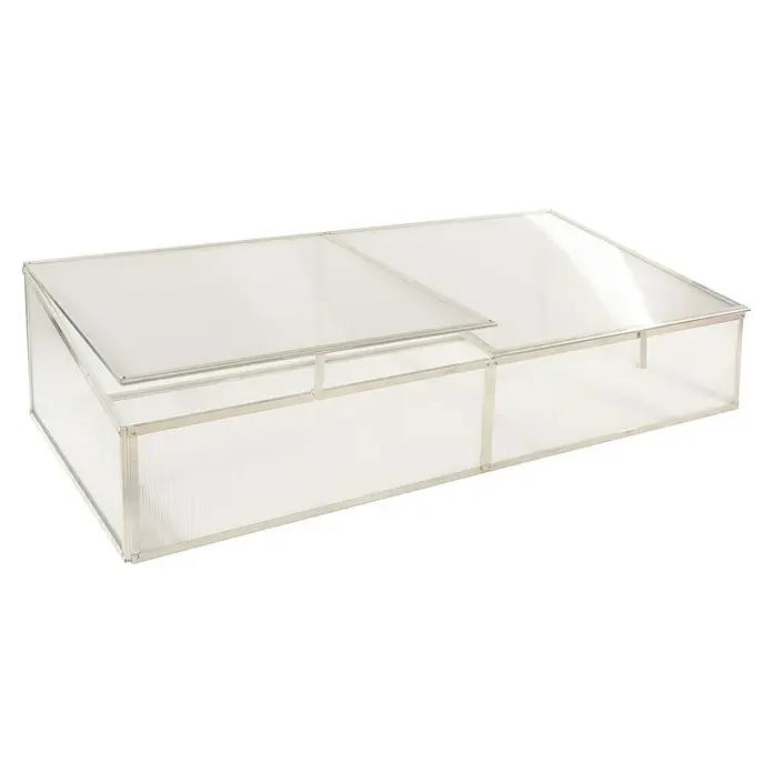 Westmann Frühbeet-Aufsatz Genus 170 - Passend für: Westmann Hochbeet Genus 170, L x B x H: 165 x 85 x 41 cm - Silbernes Aluminium-Frühbeet mit durchscheinenden Polycarbonatplatten, ein Deckel leicht geöffnet.