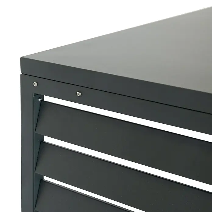Westmann Verkleidung Boxa M - Ausführungseigenschaft: L 140 x B 56 x H 97 cm, Anthrazit - Dunkelgraues Metalleck mit Lamellenseite und sichtbaren Schrauben.