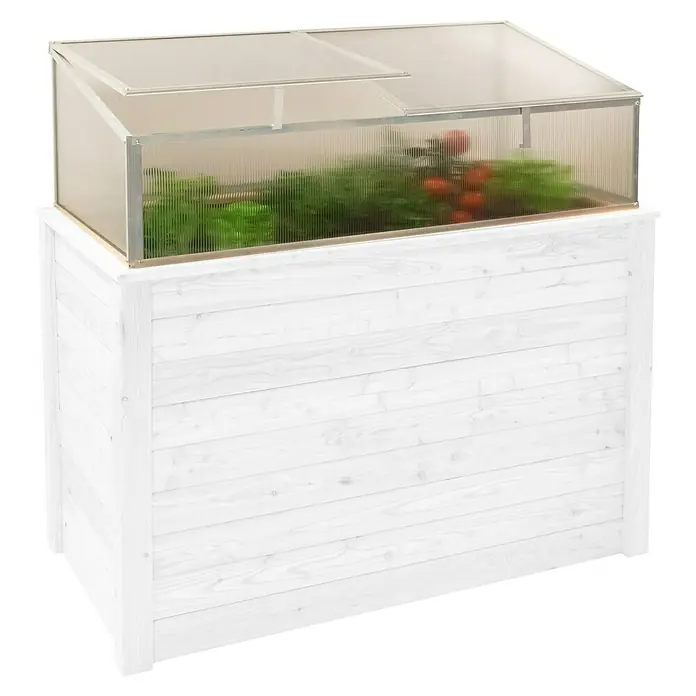 Westmann Frühbeet-Aufsatz Genus 130 - Passend für: Westmann Hochbeet Genus 130, L x B x H: 125 x 62 x 41 cm - Weißes Hochbeet aus Holz mit transluzenter Gewächshausabdeckung, enthält grünen Salat und rote Tomaten.