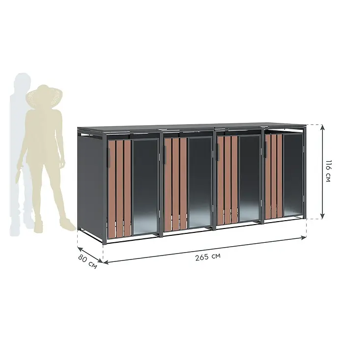 Westmann Mülltonnenbox Status 4 - Geeignet für Anzahl Mülltonnen: 4 Stk., Stahl, Acryl, Anthrazit - Dunkelgraue Outdoor-Aufbewahrungsbox mit vier Fächern, Holznachbildung und dunklen Paneeltüren, 265x80x116 cm, mit Person zum Größenvergleich.