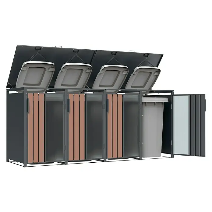 Westmann Mülltonnenbox Status 4 - Geeignet für Anzahl Mülltonnen: 4 Stk., Stahl, Acryl, Anthrazit - Modulares Wertstofftrennsystem für den Außenbereich mit dunkelgrauem Rahmen, braunen und transluzenten Lamellen und fünf offenen Fächern.