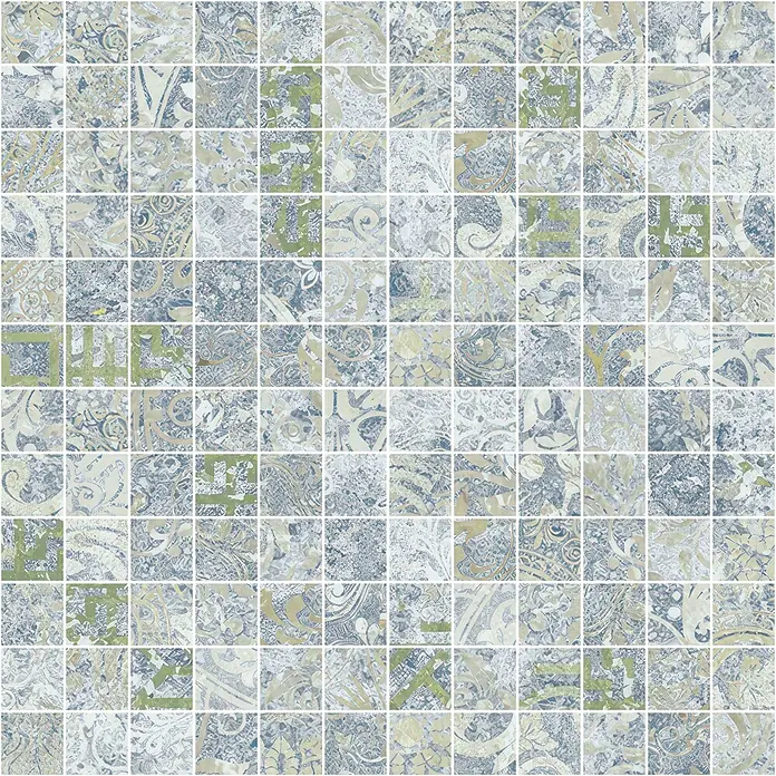 Bohemian Mosaikfliese - 29,75 x 29,75 cm, Blue, Matt - Verwitterte Mosaikfliesen mit komplizierten blauen, beigen und grünen Paisley-Mustern für dekorative Flächen.