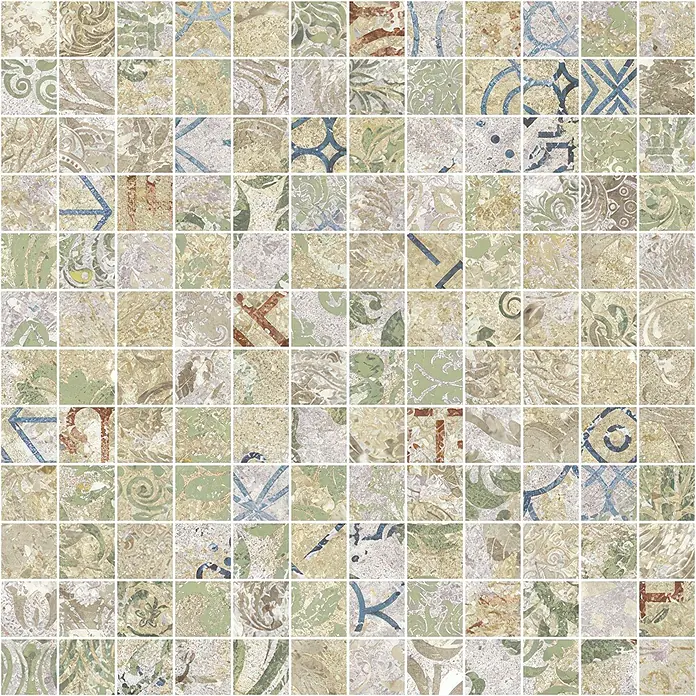 Bohemian Mosaikfliese - 29,75 x 29,75 cm, Blend, Matt - Antike Mosaikfliesen in Erdtönen mit grünen, blauen und rötlichen Mustern, Vintage-Look.