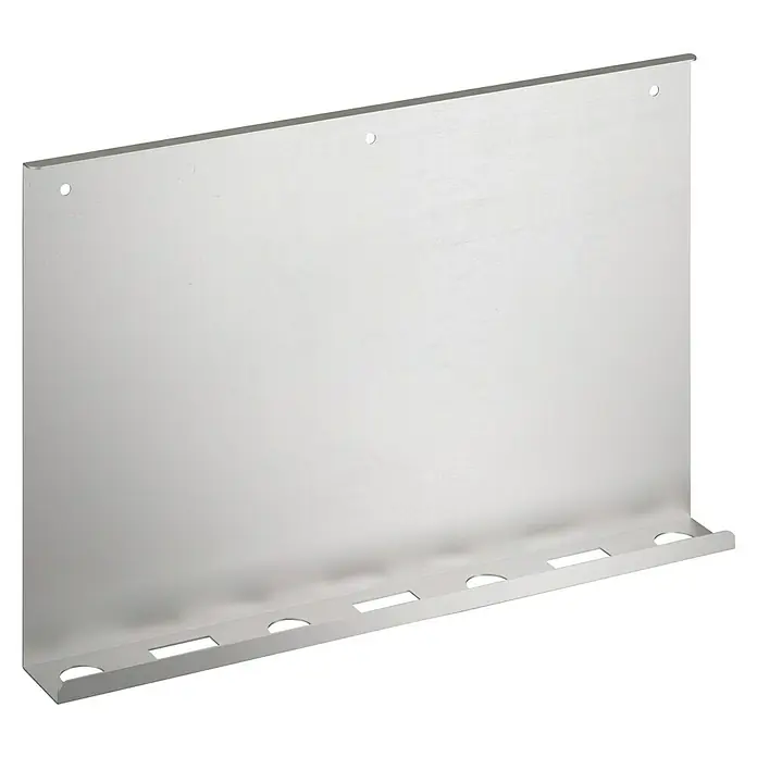Geo garden Zubehör-Set - Silber - Silberner Metall-Wandorganizer mit Befestigungslöchern und einer Ablage mit verschiedenen Schlitzen für Werkzeuge.