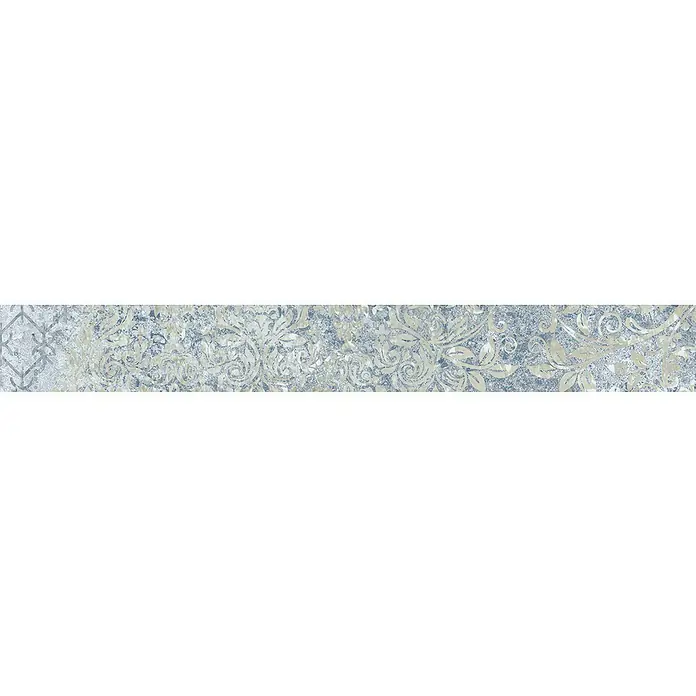 Bohemian Sockelfliese - 7,3 x 59,55 cm, Blue, Matt - Dekoratives Muster im Vintage-Stil mit blau-grauem Hintergrund und beigen Blumenmotiven.