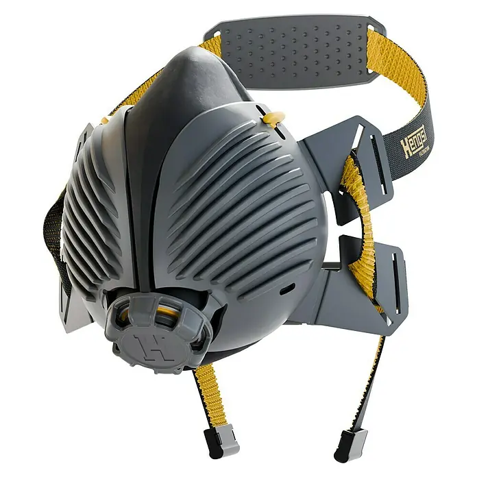 Hengst Atemschutzmaske P3 - M/L - Graue Halbmasken-Atemschutzmaske mit gelben Riemen und Details zur Atemwegsfiltration.