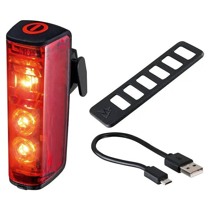Sigma Dynamo-LED-Rücklicht Blaze - Ohne Batterien - Rotes Fahrradrücklicht mit schwarzen Akzenten, schwarzem Silikonband und USB-Ladekabel.