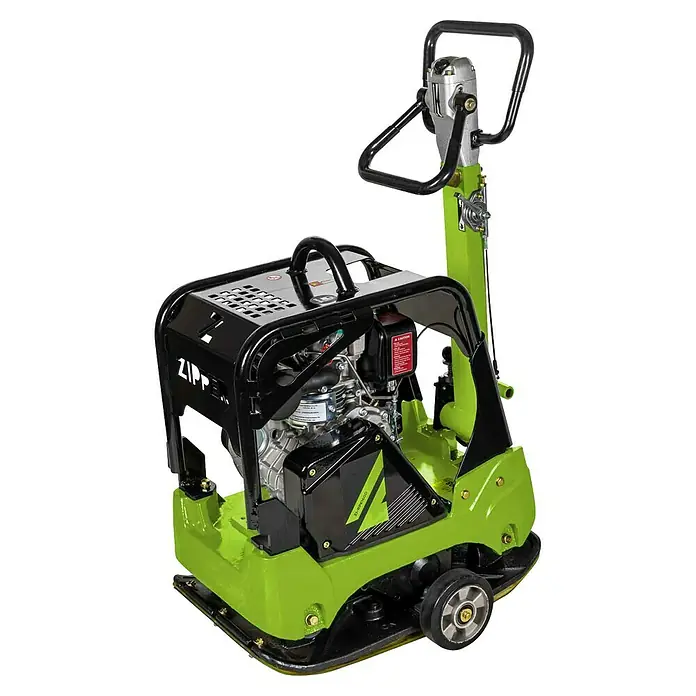 Zipper Diesel-Rüttelplatte ZI-RPE160D - 3.600 W, Verdichtungstiefe: 50 cm - Kräftige grüne und schwarze Rüttelplatte, ein robustes Baugerät mit Griffen und Rädern.