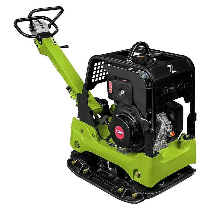 Zipper Diesel-Rüttelplatte ZI-RPE330D - 6.600 W, Verdichtungstiefe: 80 cm - Lindgrüne und schwarze Rüttelplatte zur Bodenverdichtung, mit robustem Griff und Motor.