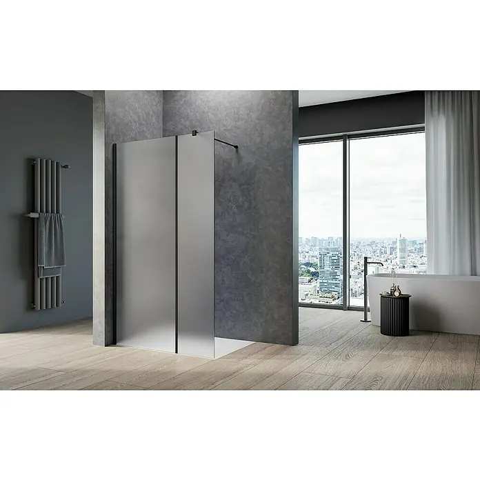 Camargue Meran Mix & Match Duschwand - B x H: 100 x 200 cm, Beschichtet, Schwarz, Ausführungseigenschaft: B: 570mm Satiniertes Glas + B: 400mm Satiniertes Glas, Matt - Moderne Duschkabine mit Milchglasplatten und schwarzen Akzenten in einem stilvollen Badezimmer.