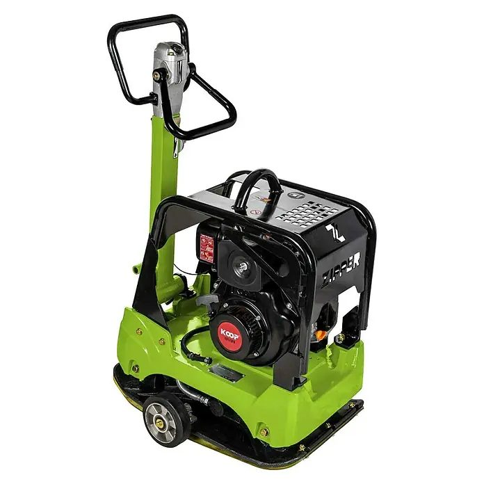 Zipper Diesel-Rüttelplatte ZI-RPE160D - 3.600 W, Verdichtungstiefe: 50 cm - Grün-schwarze Rüttelplatte mit Motor, Griff und Rädern, konzipiert für die Boden- und Schotterverdichtung.