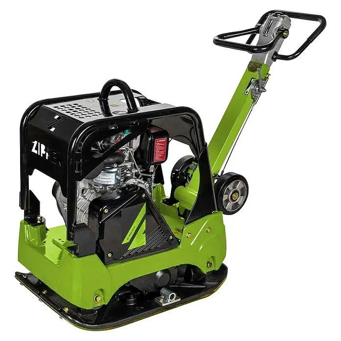Zipper Diesel-Rüttelplatte ZI-RPE160D - 3.600 W, Verdichtungstiefe: 50 cm - Grün-schwarze Rüttelplatte mit robustem Motor und stabiler Grundplatte, faltbarem Griff und Transporträdern.