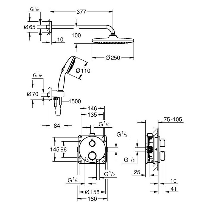 Grohe Douchesysteem Precision Thermostat met Vitalio Start 250 (Aantal straalsoorten: 2 st., Zwart) | BAUHAUS
