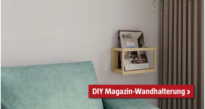 Selbstgemachte Magazin-Wandhalterung neben der Couch