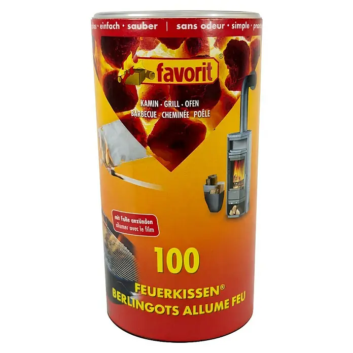 Anzünder Tüten - 100 Stk. - Zylindrische gelb-orange Dose Favorit Feuerkissen (100 Stück) für Kamine, Grills und Öfen.