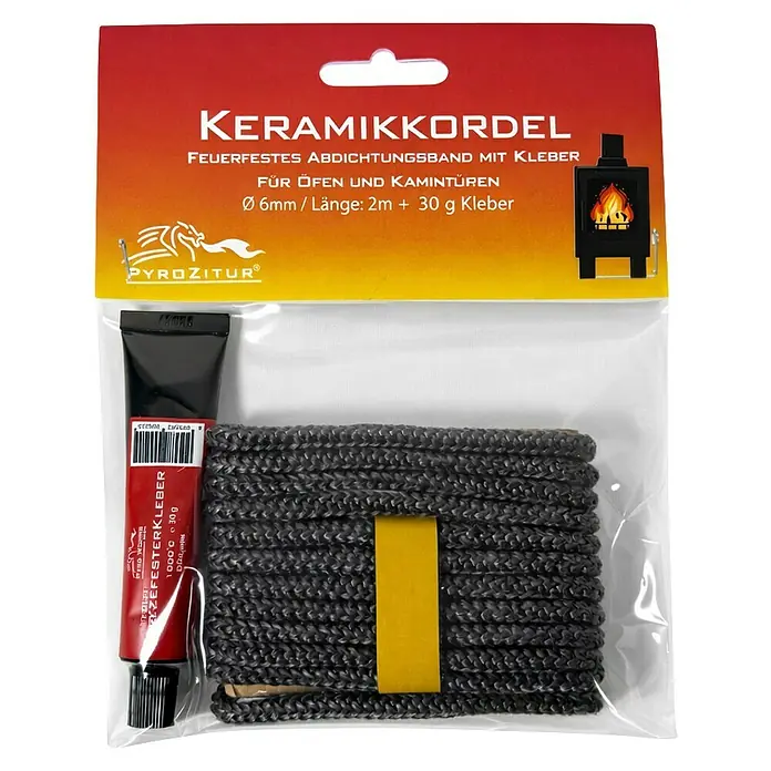 Ofendichtschnur - Inklusive Kleber - Ein Set mit dunkelgrauer Keramikdichtschnur und rotem feuerfesten Kleber, verpackt zur Abdichtung von Ofen- und Kamintüren.