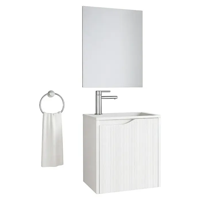 Futurbath Conjunto de mueble de baño Lina - Blanco, 3 pzs. - Mueble de baño blanco con grifo plateado, un espejo rectangular y un toallero con una toalla blanca.