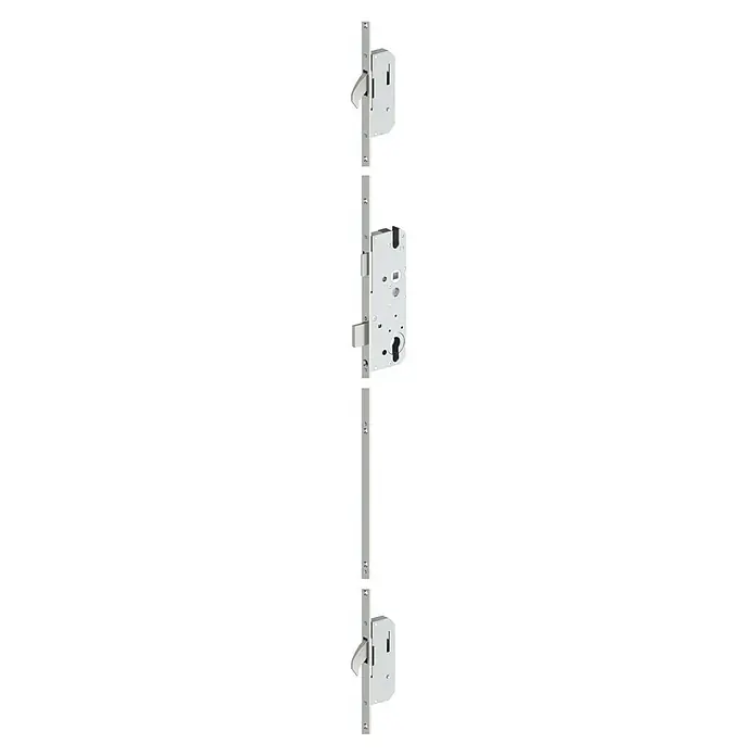 Aurelis Haustür BH 811 - 110 x 210 cm, DIN Anschlag: Links, Lichtgrau/Weiß - Silbernes Mehrfachverriegelungsschloss aus Metall mit langer Stulpschiene und zwei integrierten Schlosskästen.