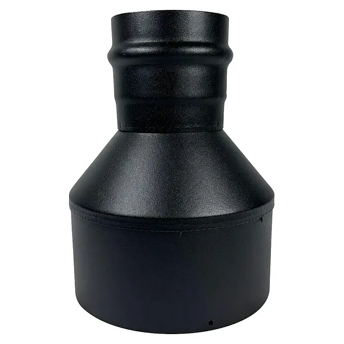 Ofenrohrerweiterung - Durchmesser: 80 mm - 150 mm, Schwarz - Schwarzer, texturierter Metall-Ofenrohrreduzierer.
