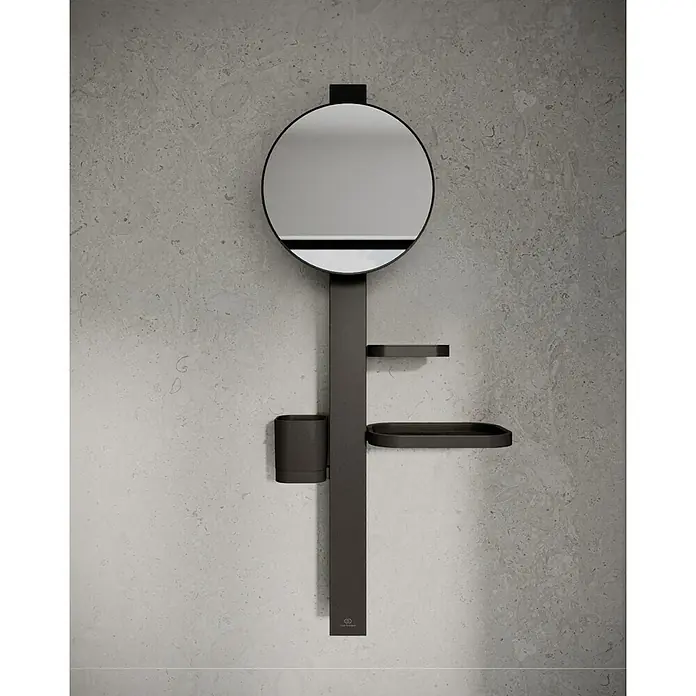 Ideal Standard Kosmetikspiegel Beauty Bar - 31 x 71,7 cm, Durchmesser: 20,5 cm, Rund, Schwarz - Dunkler modularer Bad-Organizer aus Metall mit rundem Spiegel, Becherhalter und zwei rechteckigen Ablagen.