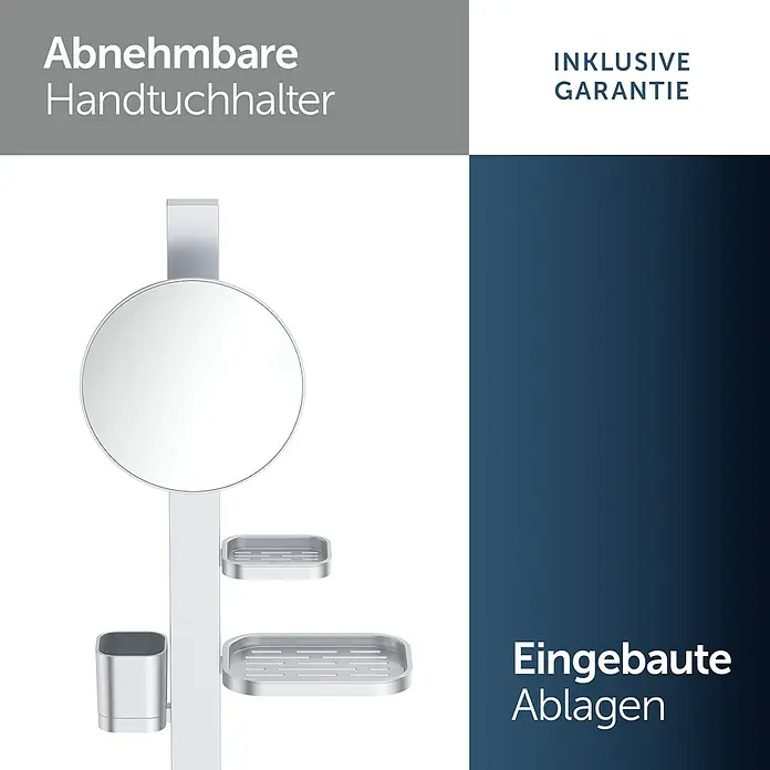 Ablagespiegel - B x H: 310,5 x 717 mm, Silber - Silberner Bad-Organizer mit rundem Spiegel, abnehmbarem Handtuchhalter, Ablagen und Becherhalter.