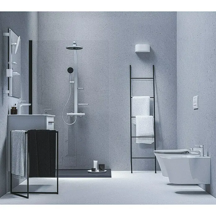 Ideal Standard Alu+ Duschsystem Ceraflow BD584SI - Lochabstand: 60 cm, Anzahl Strahlarten: 2 Stk., Silber, Form Kopfbrause: Rund - Modernes, minimalistisches Bad mit begehbarer Dusche, wandmontiertem Waschtisch, WC und Bidet. Mit eleganten Armaturen und hellem Grau-Design.