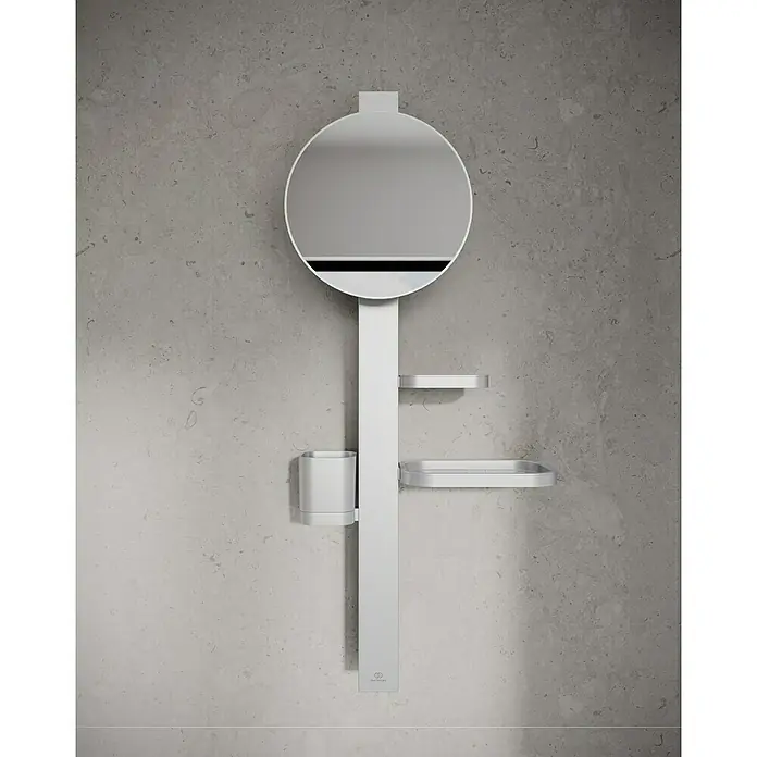Ablagespiegel - B x H: 310,5 x 717 mm, Silber - Weiß-silberne modulare Badezimmereinheit mit rundem Spiegel, zwei Ablagen und einem Halter zur Wandmontage.