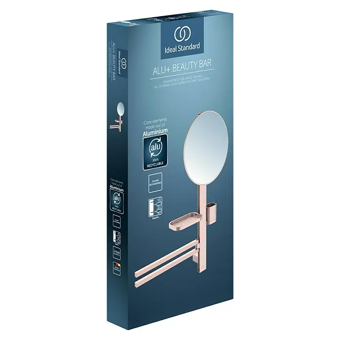Ideal Standard Kosmetikspiegel Beauty Bar - 58 x 71,7 cm, Durchmesser: 32 cm, Rund, Rosa - Ideal Standard ALU+ Beauty Bar, roségoldenes Aluminium-Badzubehör mit Spiegel, Ablage, Becher und Handtuchhaltern, auf Produktverpackung.