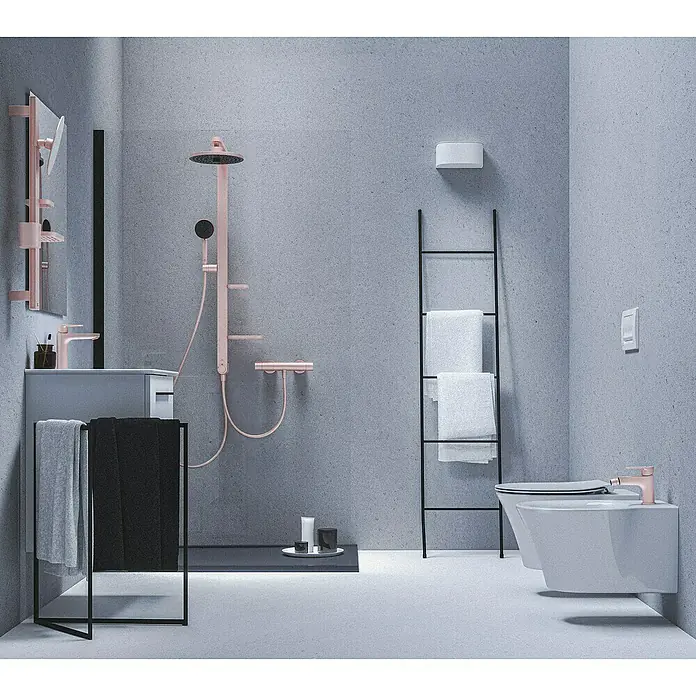 Ideal Standard Kosmetikspiegel Beauty Bar - 31 x 71,7 cm, Durchmesser: 20,5 cm, Rund, Rosa - Modernes Badezimmer mit roségoldener Duscharmatur, Waschbeckenhahn und Bidetarmatur, ergänzt durch schwarze Handtuchhalter und weiße Sanitärobjekte.
