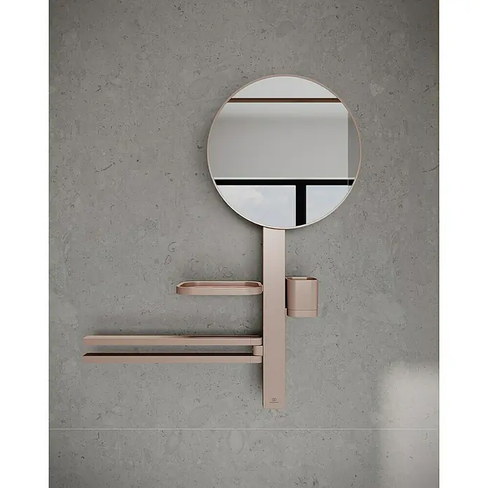 Ideal Standard Kosmetikspiegel Beauty Bar - 58 x 71,7 cm, Durchmesser: 32 cm, Rund, Rosa - Roségoldene wandmontierte Badezimmereinheit mit rundem Spiegel, Ablage, zwei Handtuchhaltern und Becherhalter.