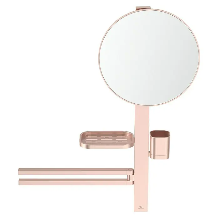 Ideal Standard Kosmetikspiegel Beauty Bar - 58 x 71,7 cm, Durchmesser: 32 cm, Rund, Rosa - Roségoldenes Badzubehör-Set mit rundem Spiegel, Seifenschale, Zahnputzbecher und zwei Handtuchhaltern.
