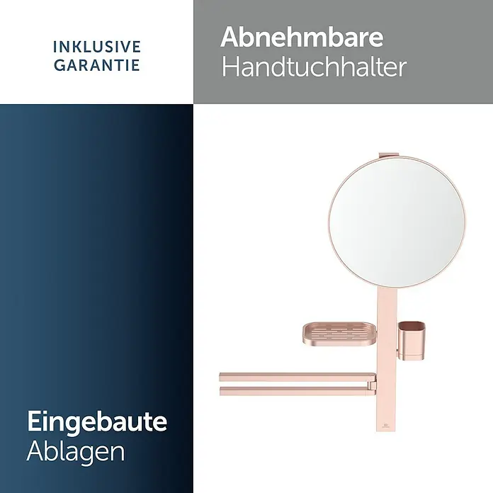 Ideal Standard Kosmetikspiegel Beauty Bar - 58 x 71,7 cm, Durchmesser: 32 cm, Rund, Rosa - Roségoldener Bad-Organizer mit Spiegel, Seifenschale, Becherhalter und Handtuchstangen.