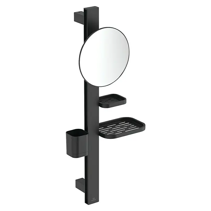 Ideal Standard Kosmetikspiegel Beauty Bar - 31 x 71,7 cm, Durchmesser: 20,5 cm, Rund, Schwarz - Schwarze Duschsäule mit integriertem Spiegel, zwei Ablagen und einem Becherhalter.