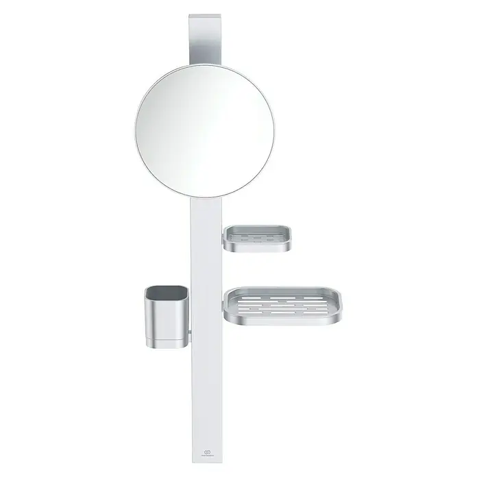 Ablagespiegel - B x H: 310,5 x 717 mm, Silber - Silberner Bad-Organizer mit rundem Spiegel, Zahnbürstenhalter und zwei gelochten Ablagen.