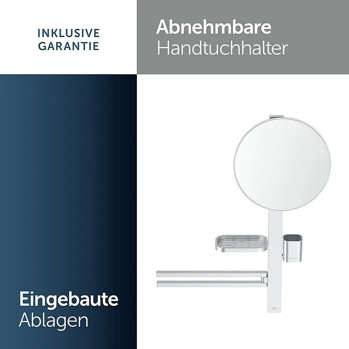 Ideal Standard Alu+ Ablagespiegel - B x H: 600 x 717 mm, Silber - Silberner Bad-Organizer mit rundem Spiegel, Seifenschale, Becher und zwei Handtuchhaltern.