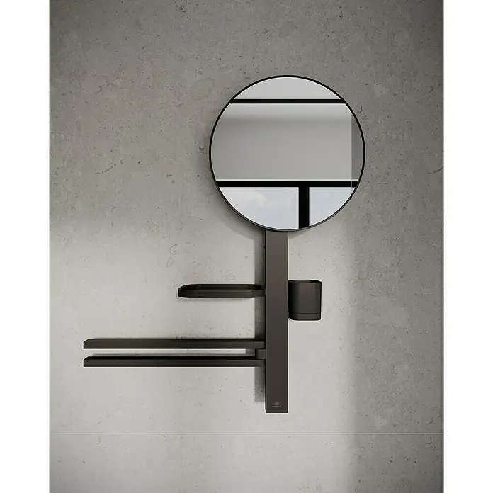 Ideal Standard Kosmetikspiegel Beauty Bar - 58 x 71,7 cm, Durchmesser: 32 cm, Rund, Schwarz - Dunkelmatte, wandmontierte Badorganisationseinheit mit rundem Spiegel, Ablage, zwei Handtuchstangen und Becherhalter.