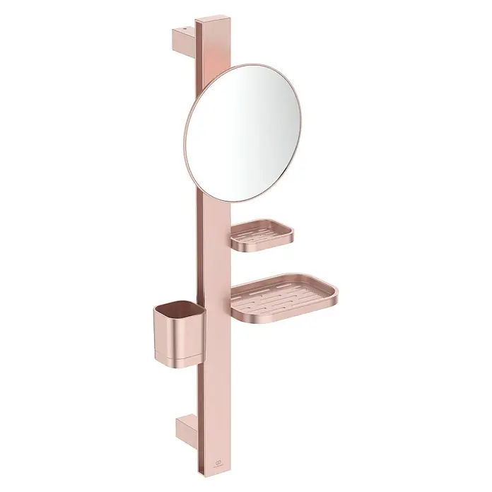 Ideal Standard Kosmetikspiegel Beauty Bar - 31 x 71,7 cm, Durchmesser: 20,5 cm, Rund, Rosa - Roségoldener Badorganizer mit rundem Spiegel, zwei Ablagen und einem Becherhalter.