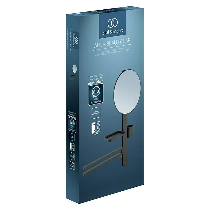 Ideal Standard Kosmetikspiegel Beauty Bar - 58 x 71,7 cm, Durchmesser: 32 cm, Rund, Schwarz - Verpackung für Ideal Standard ALU+ Beauty Bar, ein schwarzes Aluminium-Badaufbewahrungssystem mit Spiegel, Ablage und Handtuchhalter.