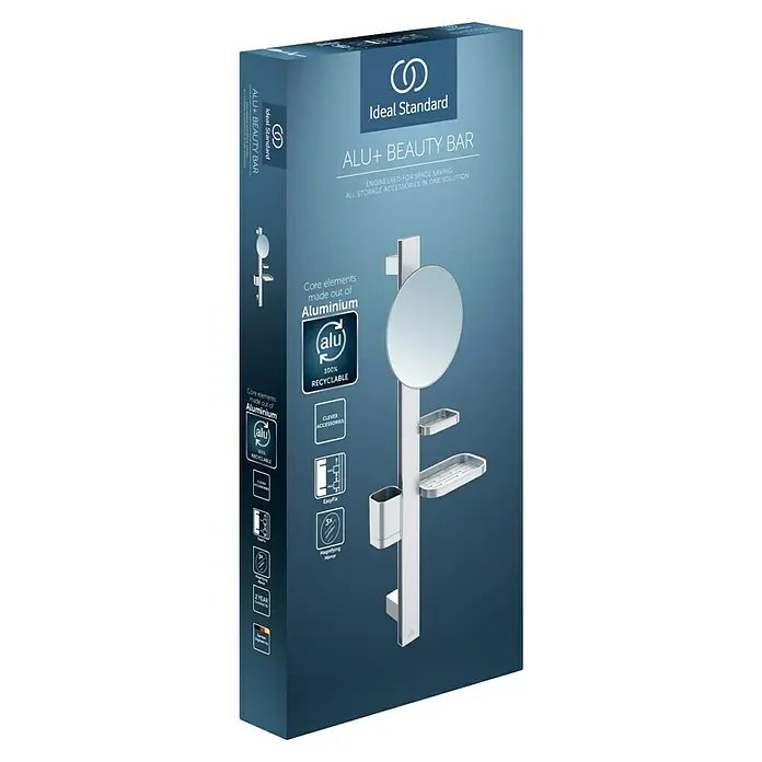 Ablagespiegel - B x H: 310,5 x 717 mm, Silber - Ideal Standard ALU+ Beauty Bar Verpackung, zeigt eine silberne Aluminium-Duschstange mit Spiegel, Ablagen und Halter.