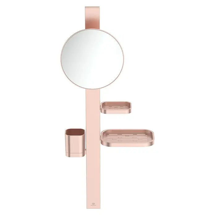 Ideal Standard Kosmetikspiegel Beauty Bar - 31 x 71,7 cm, Durchmesser: 20,5 cm, Rund, Rosa - Roségoldener Bad-Organizer mit rundem Spiegel, zwei Seifenschalen und einem Becherhalter.