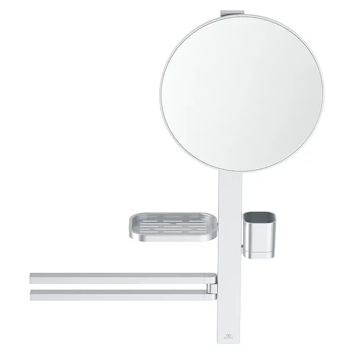 Ideal Standard Alu+ Ablagespiegel - B x H: 600 x 717 mm, Silber - Weißes Badzubehör-Set mit rundem Spiegel, Seifenschale, Becherhalter und zwei Handtuchstangen.