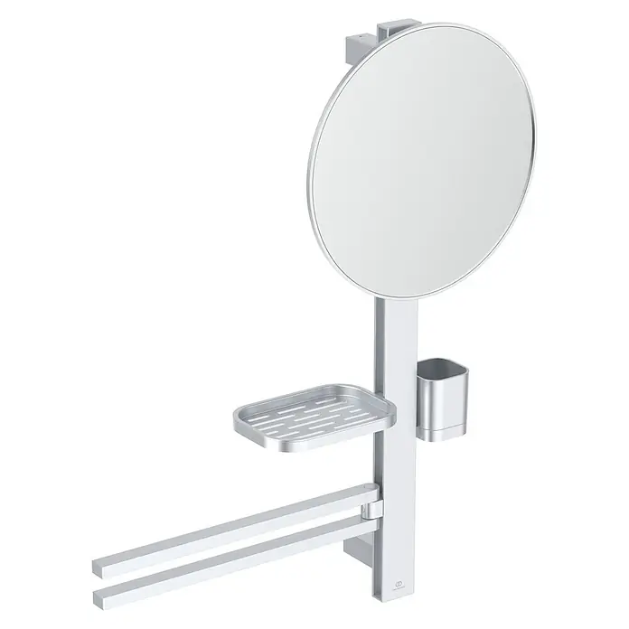 Ideal Standard Alu+ Ablagespiegel - B x H: 600 x 717 mm, Silber - Silbernes Multifunktions-Badezimmeraccessoire mit rundem Spiegel, Seifenschale, Becherhalter und zwei Handtuchstangen.