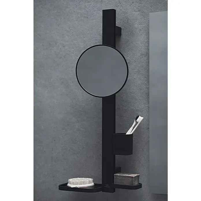 Ideal Standard Kosmetikspiegel Beauty Bar - 31 x 71,7 cm, Durchmesser: 20,5 cm, Rund, Schwarz - Schwarzer modularer Badorganizer mit Spiegel, Zahnbürstenhalter und Ablagefächern.