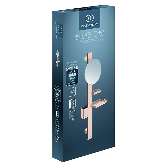 Ideal Standard Kosmetikspiegel Beauty Bar - 31 x 71,7 cm, Durchmesser: 20,5 cm, Rund, Rosa - Roségoldenes Aluminium-Duschablagesystem mit Spiegel, Ablagen und Halterung.