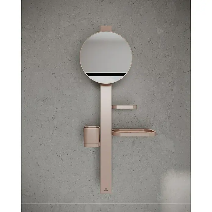 Ideal Standard Kosmetikspiegel Beauty Bar - 31 x 71,7 cm, Durchmesser: 20,5 cm, Rund, Rosa - Roségoldener wandmontierter Bad-Organizer mit rundem Spiegel, zwei Ablagen und einem Becher.