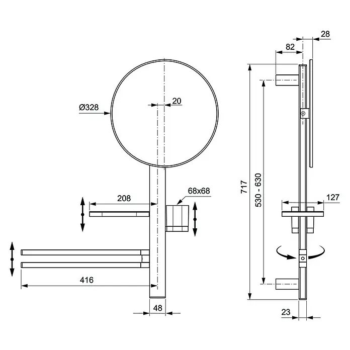 Ideal Standard Kosmetikspiegel Beauty Bar - 58 x 71,7 cm, Durchmesser: 32 cm, Rund, Schwarz - Technische Zeichnung einer Duschsäule mit Rundkopf, verstellbaren Ablagen und Haltern an einer vertikalen Stange.