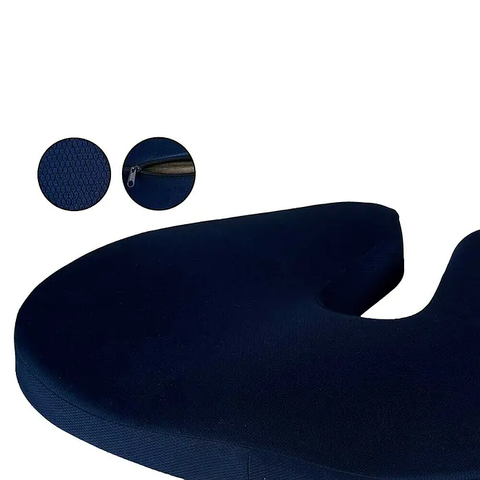 Cojín para respaldo - Azul marino, Relleno de espuma - Cojín ergonómico en forma de U azul oscuro con tela texturizada y cremallera.