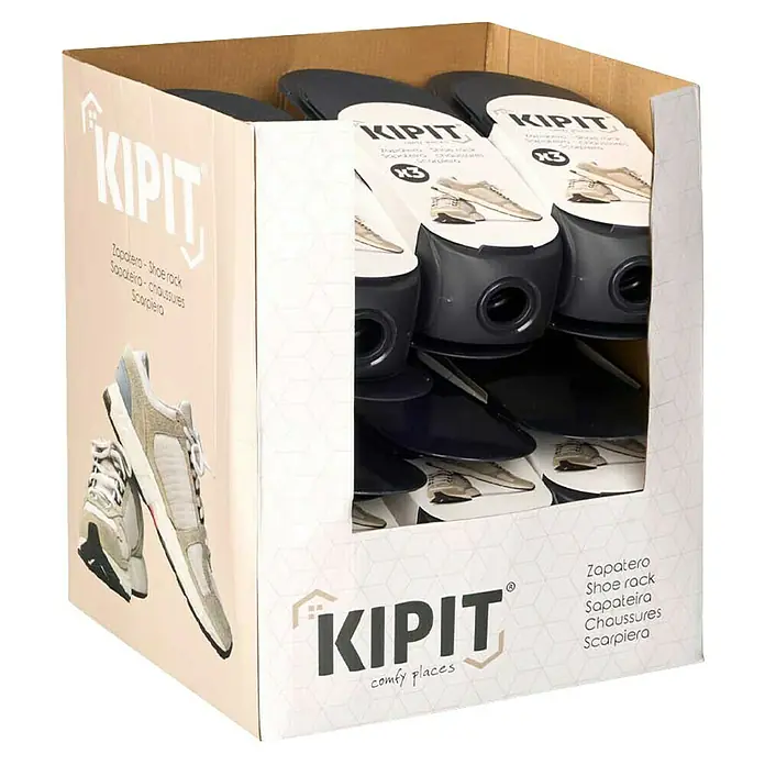 Zapatero - Negro, 3 ud. - Caja expositora KIPIT, mostrando una zapatilla y texto multilingüe, llena de organizadores de zapatos oscuros, cada uno con un logo KIPIT y gráfico de zapato.